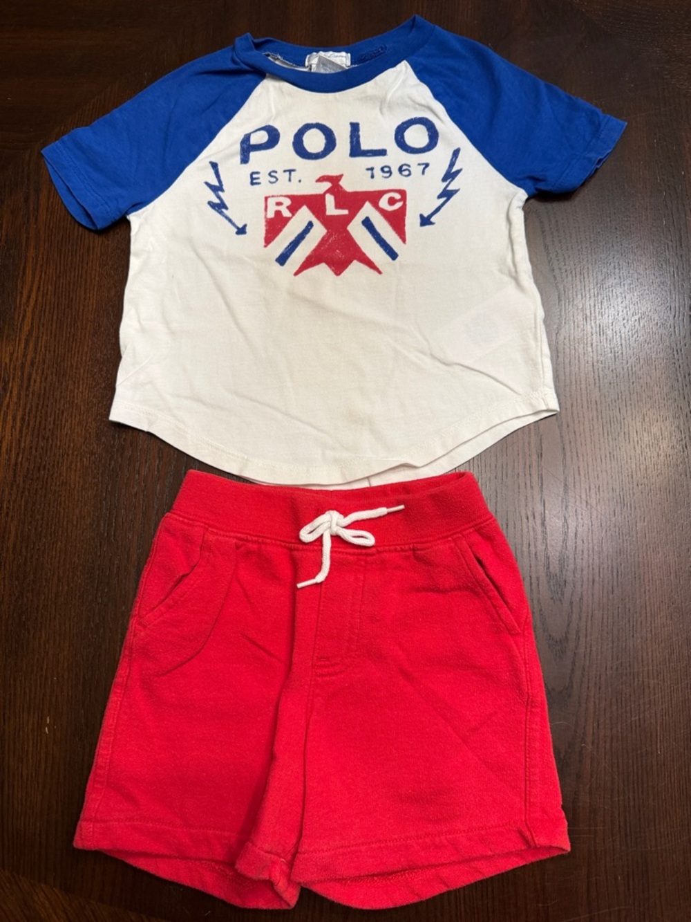 Polo Ralph Lauren 18M Boys Outfit Set Red Shorts Polo Raglan Graphic Tee